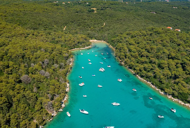 Croatian coastal town with red roofs and harbour