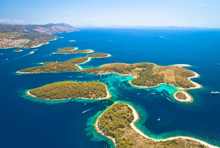 Aerial view of the Pakleni Islands with multiple anchorages