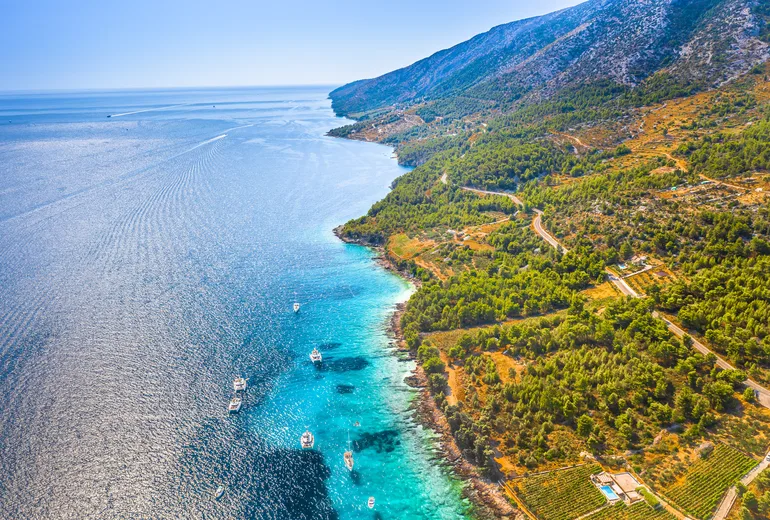 Aerial of an island coastline with vineyards and sailboats moored offshore