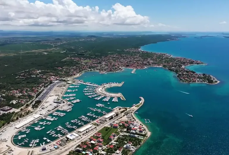 Aerial of the large D-Marin Dalmacija marina and Sukosan town near Zadar