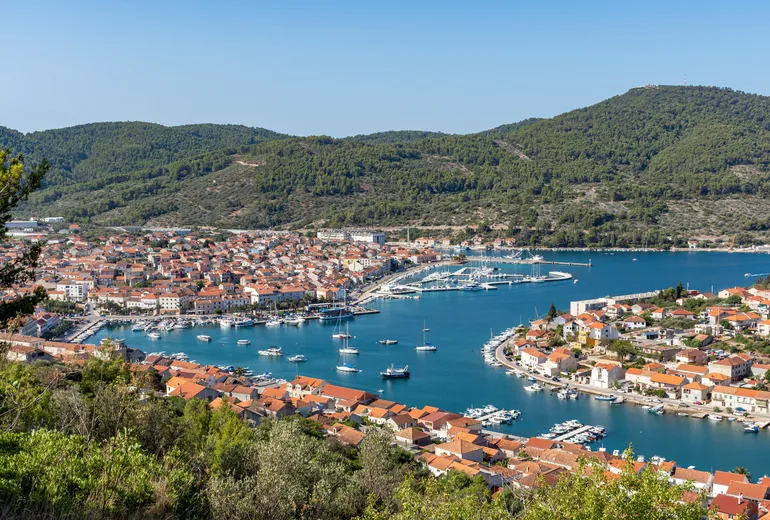 Panorama of the Vela Luka bay town on Korčula with moored boats