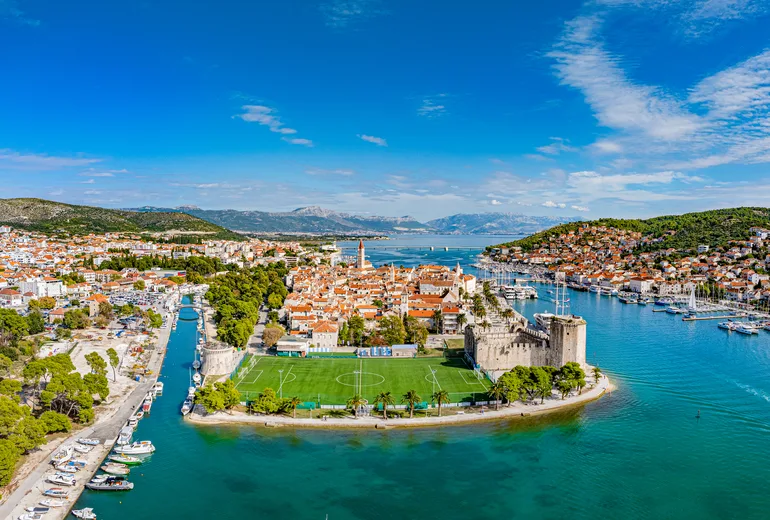Trogir old town and its charter marinas from above