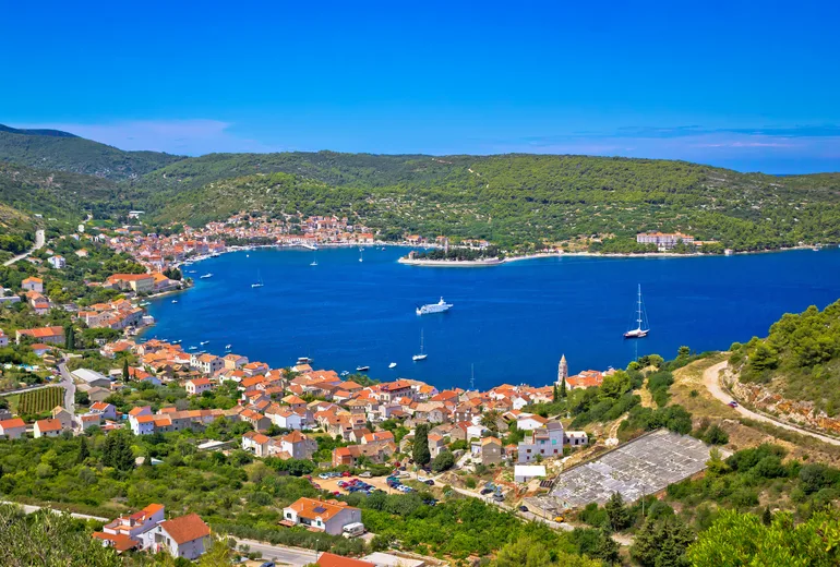 Vis town and its bay seen from the island vineyards