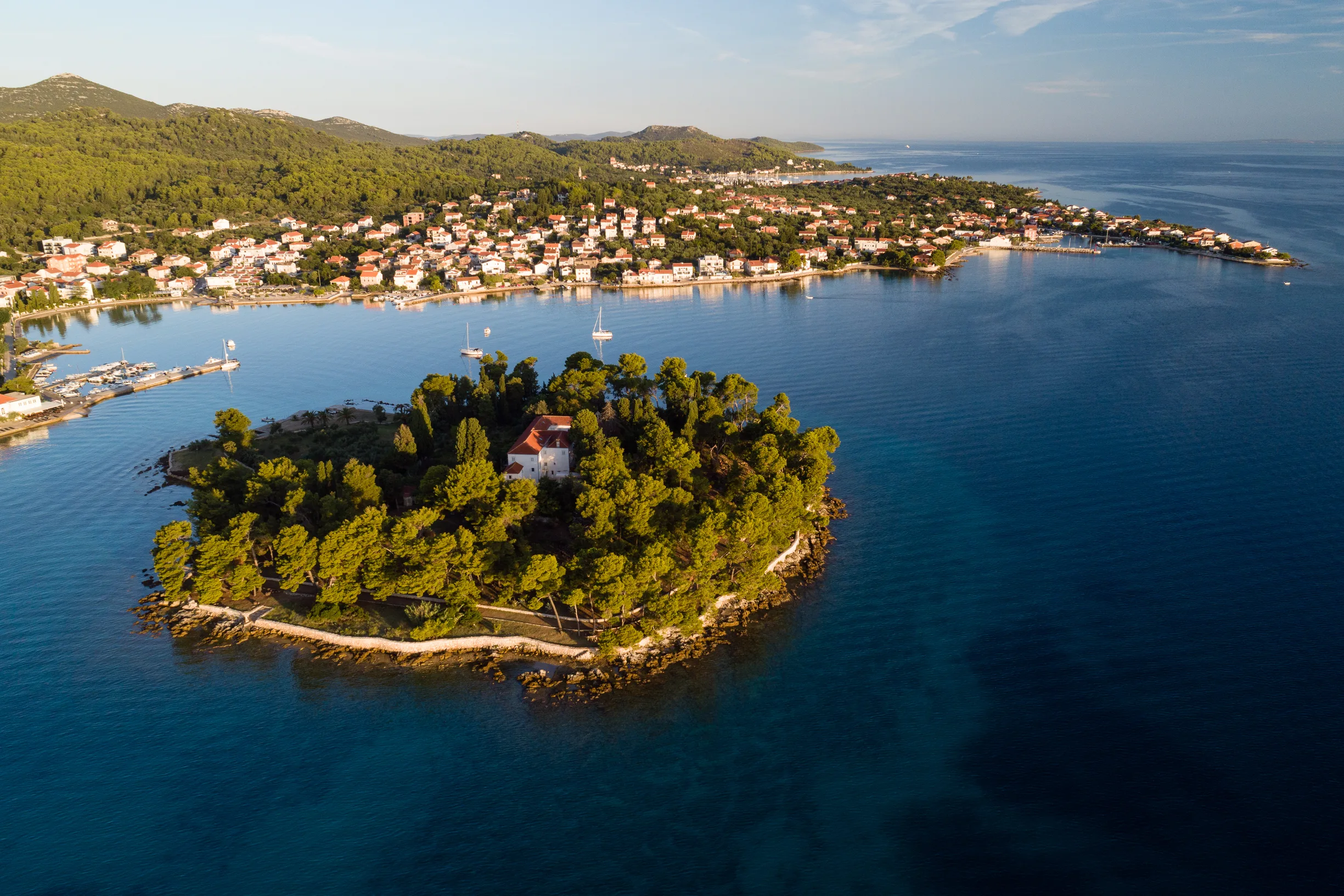 Golden-hour aerial of small wooded islet with monastery, coastal village behind