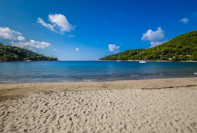Wide sandy beach with two sailboats anchored in a sheltered green bay